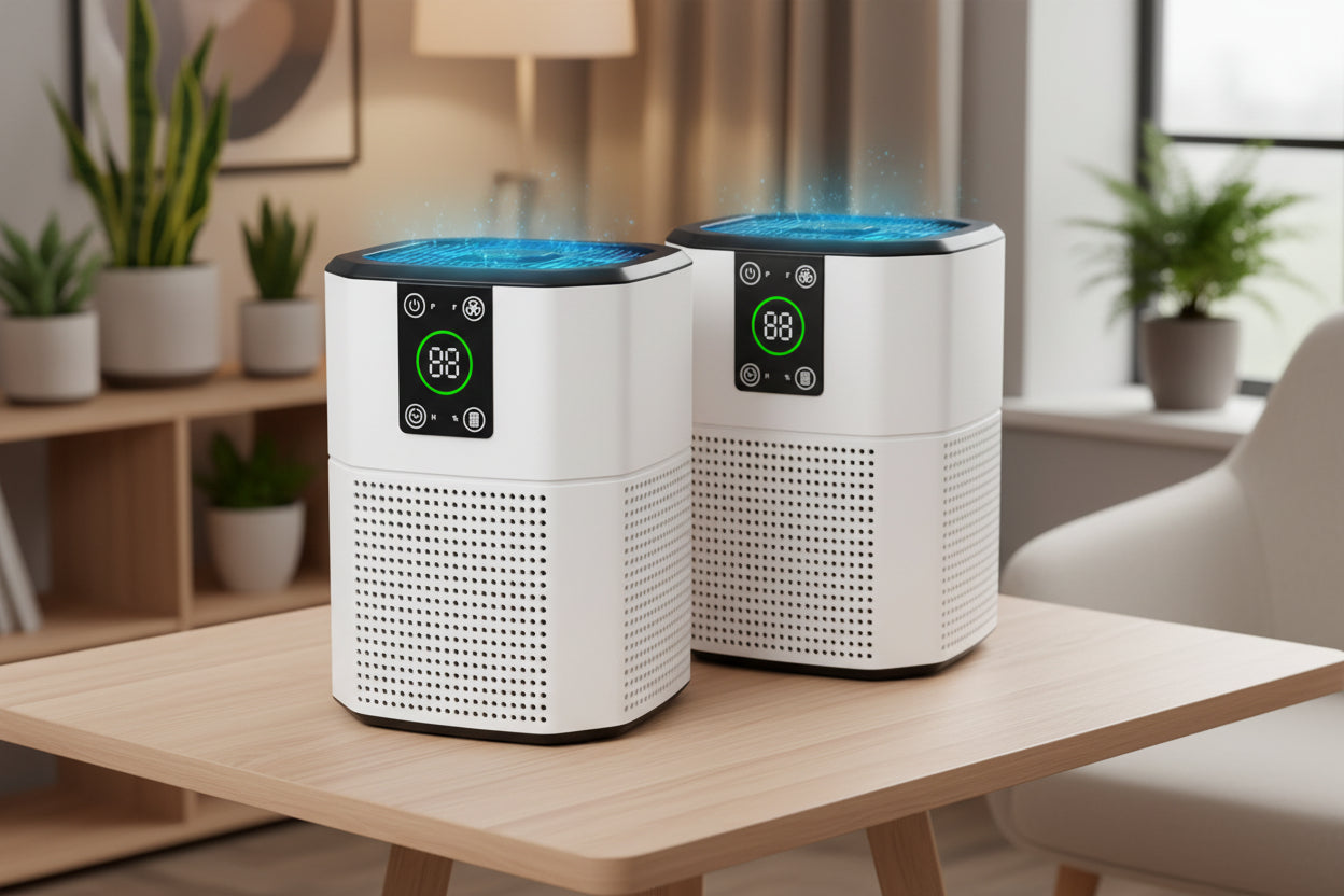 Two white air purifiers with digital displays on a white background