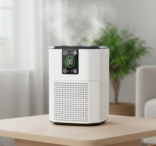 Air purifier on a table with a blurred indoor background